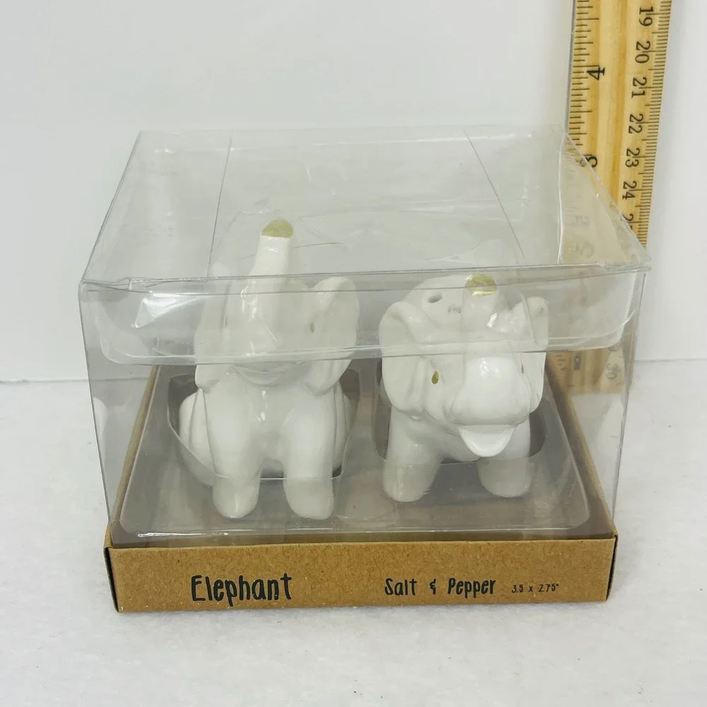 White Ceramic Elephant Salt and Pepper Shaker Set Gold Accents New in Box